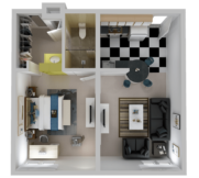 Metro Model 1 Bedroom 1 Bath 3D Layout.