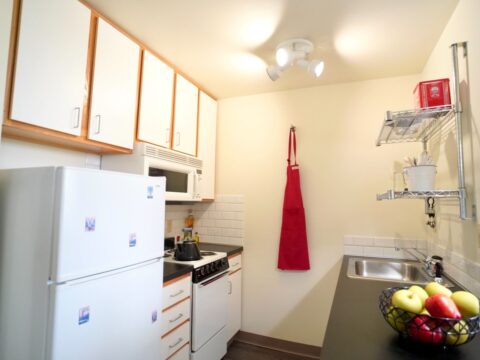 Standard Apartment Kitchen with white appliances and white cabinets on the left. Shelfs and sink with black countertop on the right.