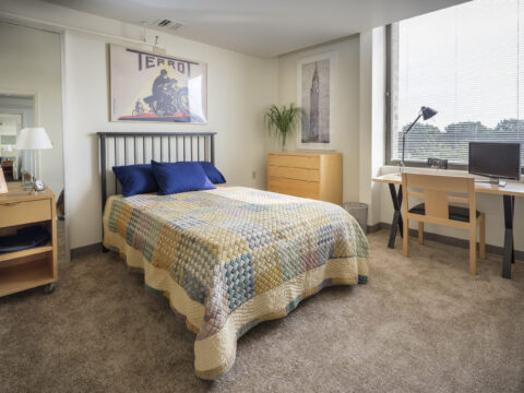 Standard apartment bedroom with carpet, light wood color storage drawer, night stand and desk next to the window.