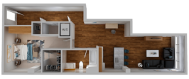 Terzo Model 1 bedroom 1 bath 3D layout.