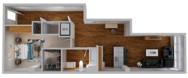 Terzo Model 1 bedroom 1 bath 3D layout.