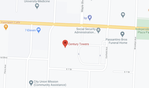 google street map image of Century Towers