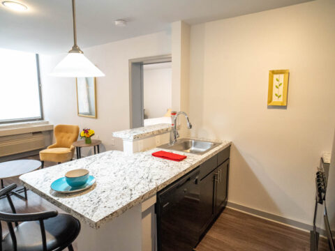 10th floor open space living room and kitchen with appliances, cabinets, and marble countertop with sink and wood floors.